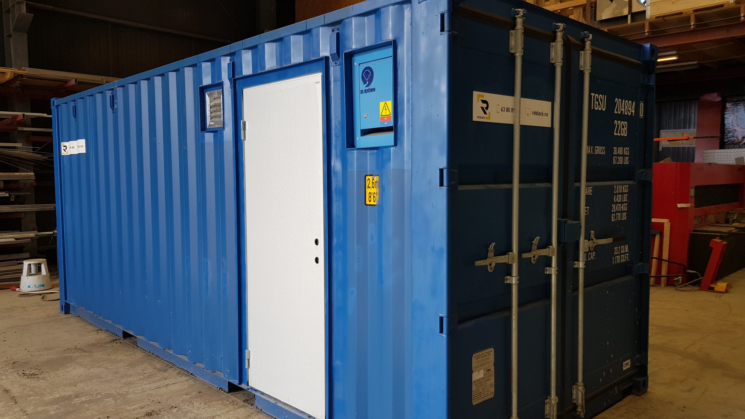 20 ft isolert container med el, dør, ventilasjon og hyller